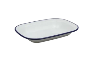 כלי הגשה מלבני דמוי אמייל 27*20 לבן פס כחול מלמין***2205111