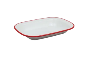 כלי הגשה מלבני דמוי אמייל 27x20 לבן פס אדום מלמין***2205114