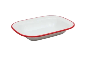 כלי הגשה מלבני דמוי אמייל 17.6*23 לבן פס אדום מלמין***2212094